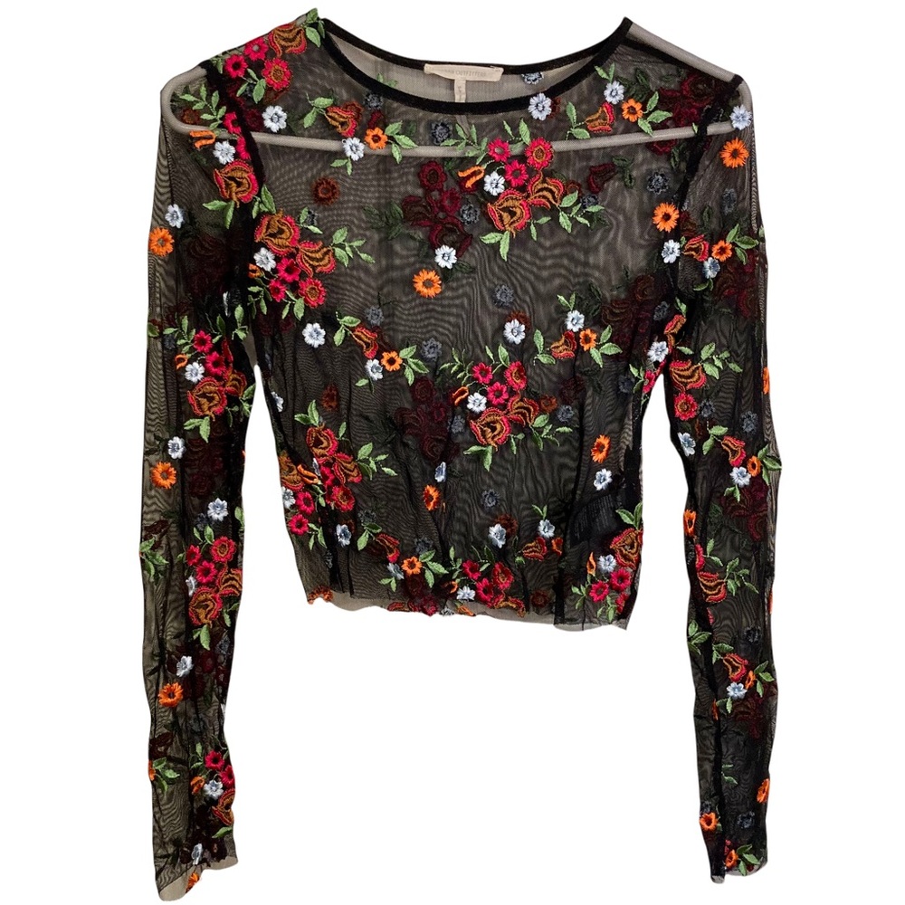 UO Mesh Embroidered Floral Cropped Long Sleeve Y2K Blouse Black Small - Picture 5 of 9
